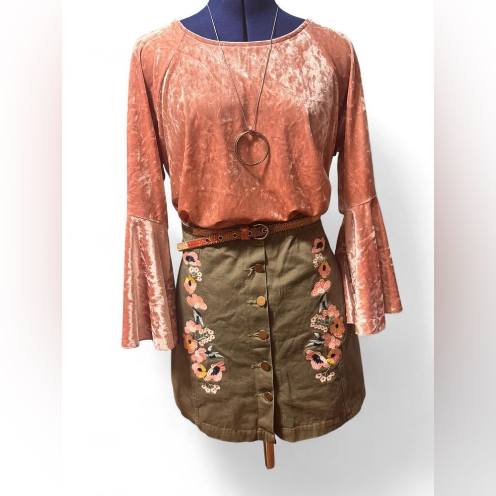 En Creme Brown Mini Skirt with Pink Floral Embroidery